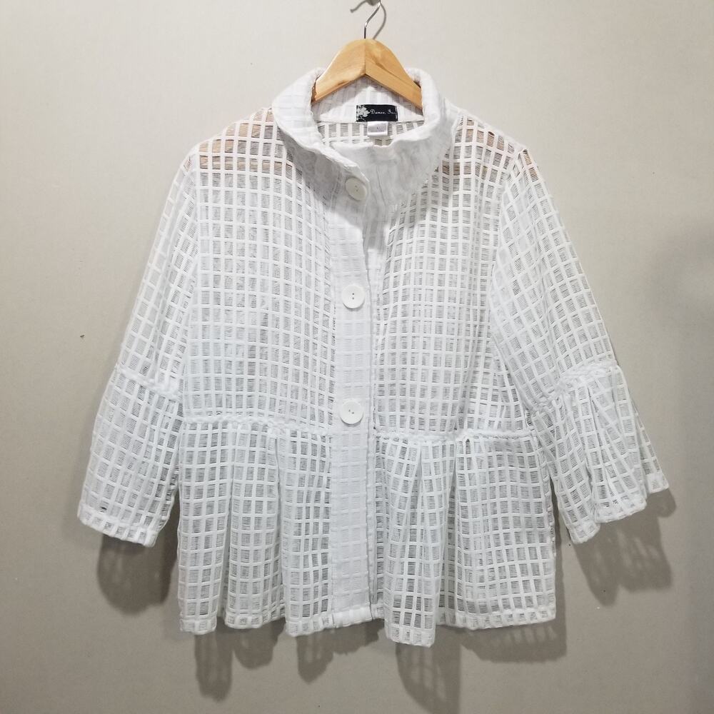 Damee Inc Jacket Large White Wired Collar 3/4 Sleeve Art to Wear Artsy Peplum